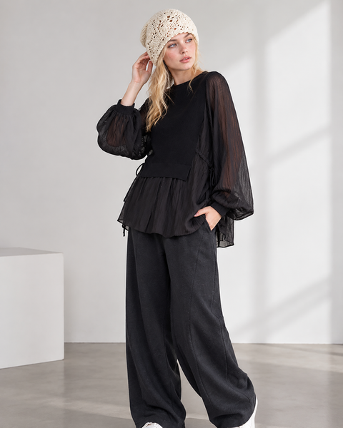 ellazhu Women's Layered Blouse Sheer Balloon Sleeve Knit Vest Tunic GT08
