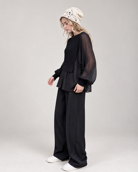 ellazhu Women's Layered Blouse Sheer Balloon Sleeve Knit Vest Tunic GT08