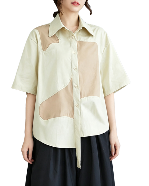 ellazhu Women's Cotton Patchwork Button Down Short Sleeve Shirt Top GX01 White