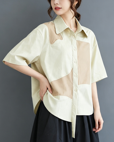 ellazhu Women's Cotton Patchwork Button Down Short Sleeve Shirt Top GX01 White