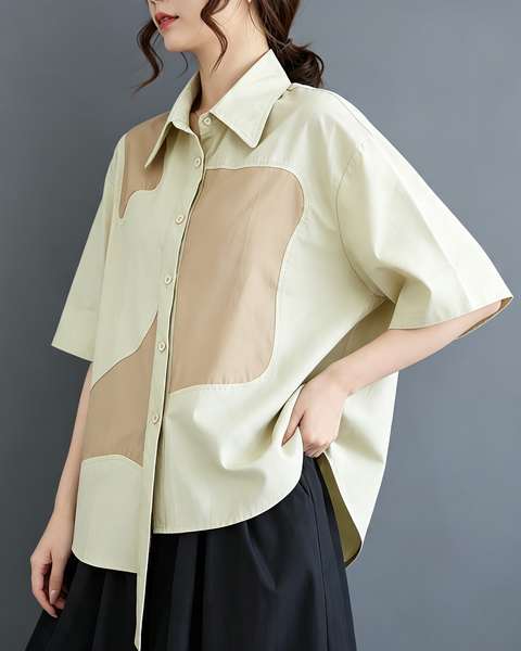 ellazhu Women's Cotton Patchwork Button Down Short Sleeve Shirt Top GX01 White