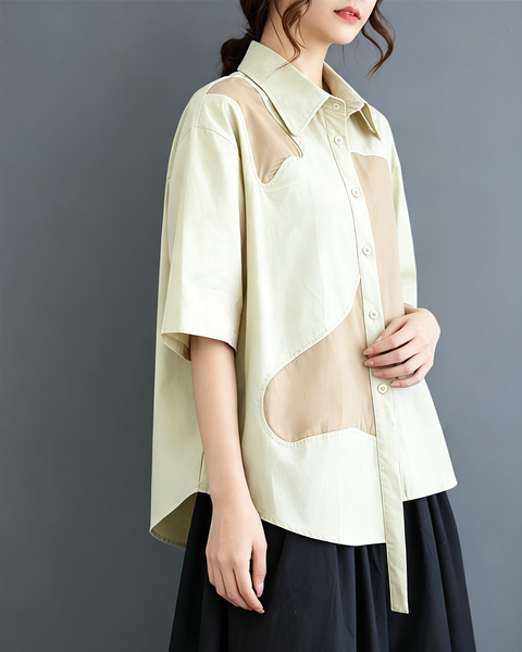 ellazhu Women's Cotton Patchwork Button Down Short Sleeve Shirt Top GX01 White