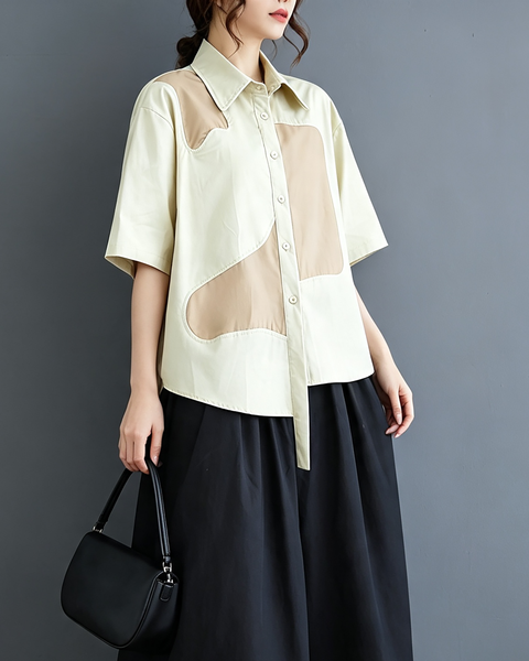 ellazhu Women's Cotton Patchwork Button Down Short Sleeve Shirt Top GX01 White