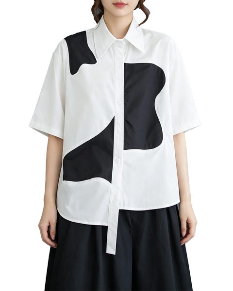 ellazhu Women's Cotton Patchwork Button Down Short Sleeve Shirt Top GX01 White