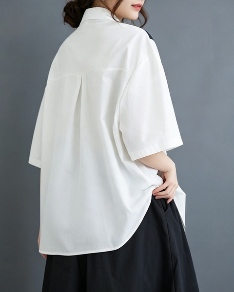ellazhu Women's Cotton Patchwork Button Down Short Sleeve Shirt Top GX01 White