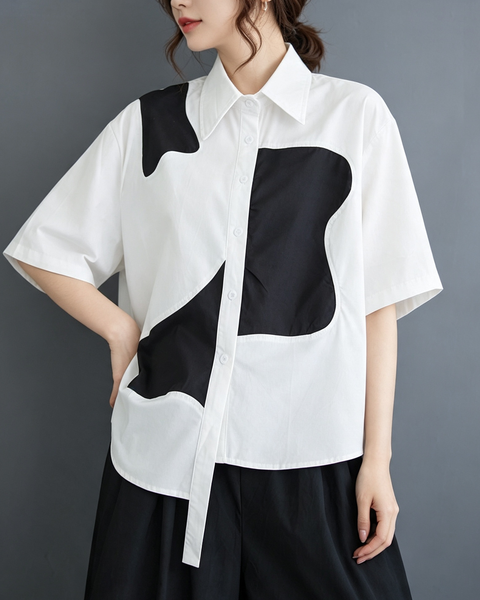 ellazhu Women's Cotton Patchwork Button Down Short Sleeve Shirt Top GX01 White