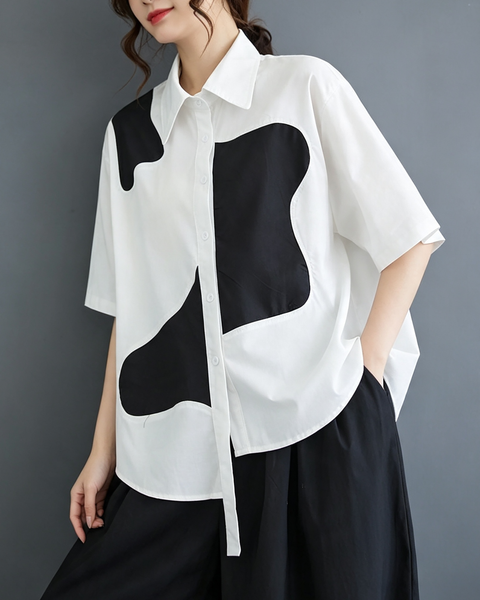 ellazhu Women's Cotton Patchwork Button Down Short Sleeve Shirt Top GX01 White