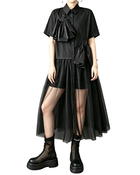 ellazhu Women's Oversized Tulle Bow Button Down Shirt Dress Casual GX011 Black