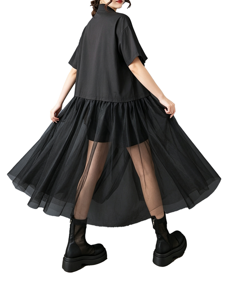 ellazhu Women's Oversized Tulle Bow Button Down Shirt Dress Casual GX011 Black