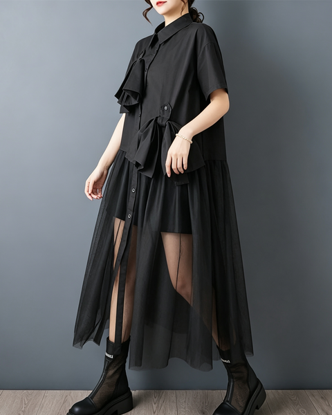 ellazhu Women's Oversized Tulle Bow Button Down Shirt Dress Casual GX011 Black