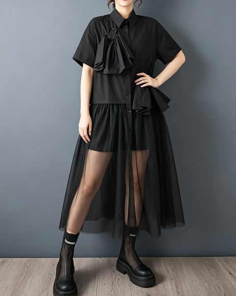 ellazhu Women's Oversized Tulle Bow Button Down Shirt Dress Casual GX011 Black