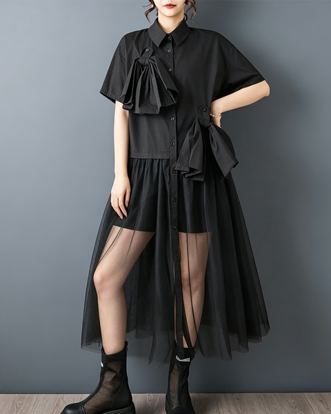 ellazhu Women's Oversized Tulle Bow Button Down Shirt Dress Casual GX011 Black
