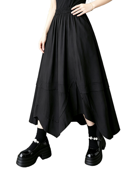 ellazhu Women's High Waist A Line Midi Skirt Elastic Patchwork Hem GX012 Black