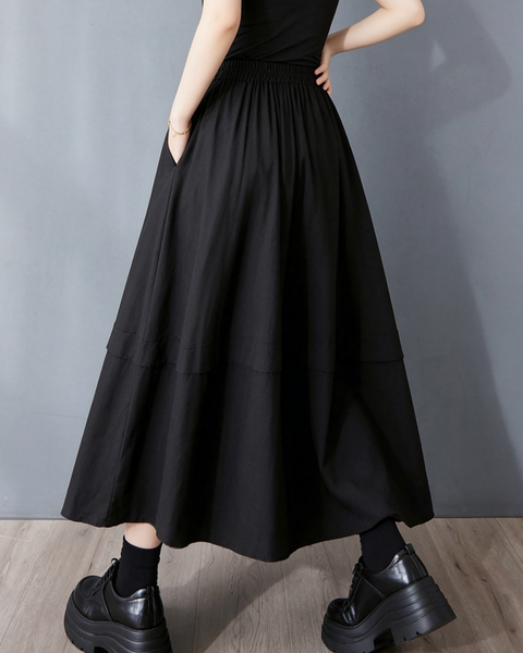ellazhu Women's High Waist A Line Midi Skirt Elastic Patchwork Hem GX012 Black