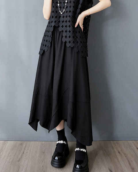 ellazhu Women's High Waist A Line Midi Skirt Elastic Patchwork Hem GX012 Black