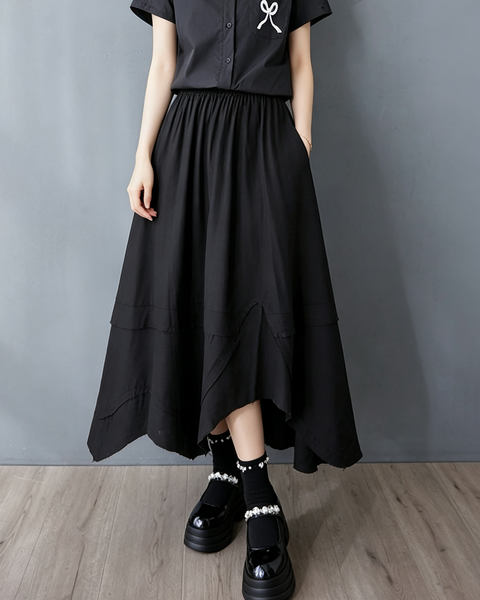 ellazhu Women's High Waist A Line Midi Skirt Elastic Patchwork Hem GX012 Black