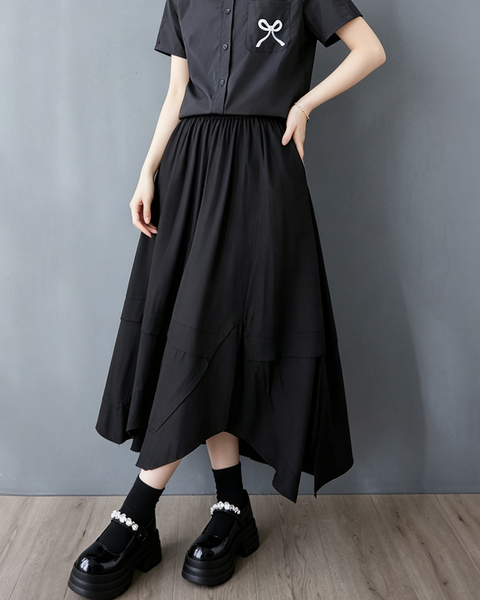 ellazhu Women's High Waist A Line Midi Skirt Elastic Patchwork Hem GX012 Black
