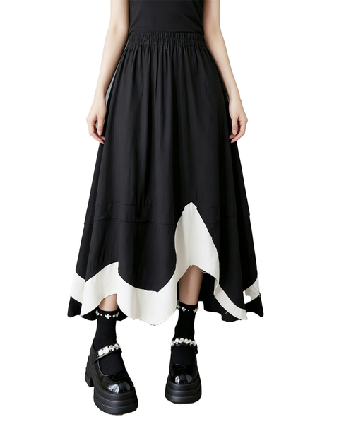 ellazhu Women's High Waist A Line Midi Skirt Elastic Patchwork Hem GX012 Black
