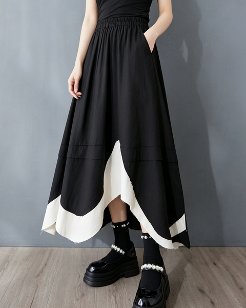 ellazhu Women's High Waist A Line Midi Skirt Elastic Patchwork Hem GX012 Black