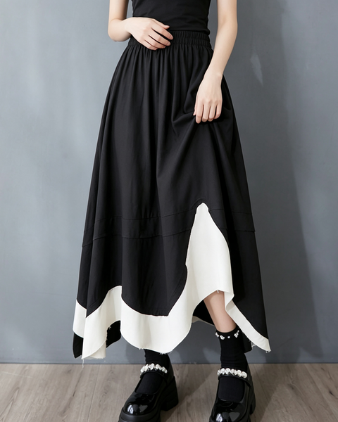 ellazhu Women's High Waist A Line Midi Skirt Elastic Patchwork Hem GX012 Black