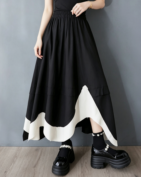 ellazhu Women's High Waist A Line Midi Skirt Elastic Patchwork Hem GX012 Black