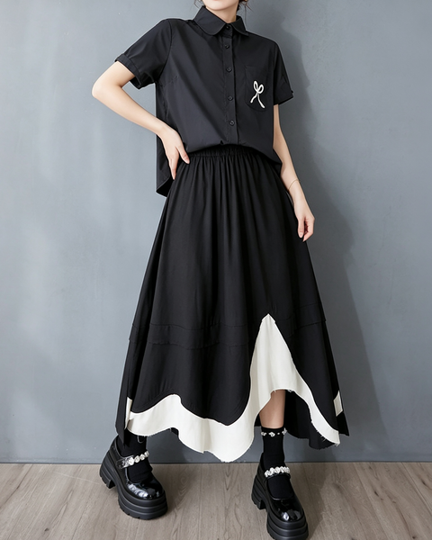 ellazhu Women's High Waist A Line Midi Skirt Elastic Patchwork Hem GX012 Black