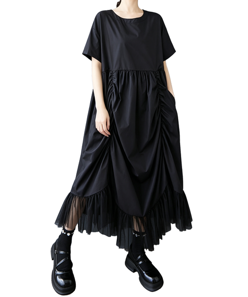 ellazhu Women's Oversized Ruched Tulle Mesh Maxi Dress Gothic Chic GX013 Black
