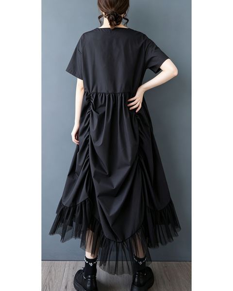ellazhu Women's Oversized Ruched Tulle Mesh Maxi Dress Gothic Chic GX013 Black