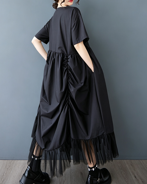 ellazhu Women's Oversized Ruched Tulle Mesh Maxi Dress Gothic Chic GX013 Black