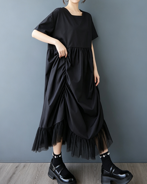 ellazhu Women's Oversized Ruched Tulle Mesh Maxi Dress Gothic Chic GX013 Black