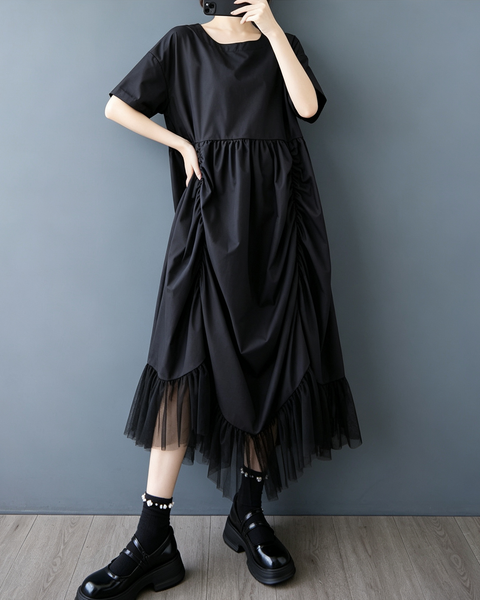 ellazhu Women's Oversized Ruched Tulle Mesh Maxi Dress Gothic Chic GX013 Black