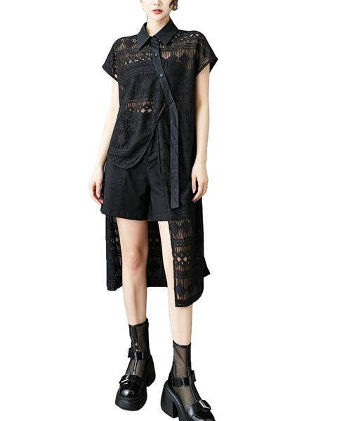 ellazhu Women's Asymmetric Lace Mesh Button Down Shirt Dress Artsy GX014 Black
