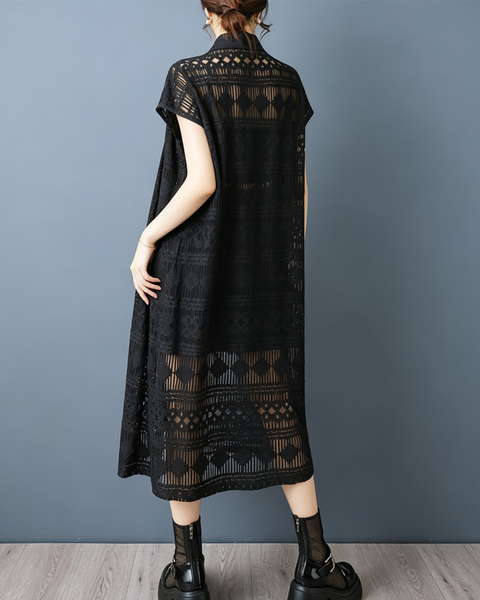 ellazhu Women's Asymmetric Lace Mesh Button Down Shirt Dress Artsy GX014 Black