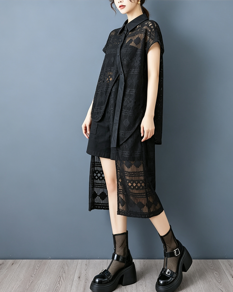 ellazhu Women's Asymmetric Lace Mesh Button Down Shirt Dress Artsy GX014 Black