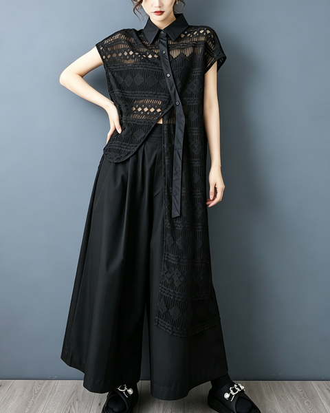 ellazhu Women's Asymmetric Lace Mesh Button Down Shirt Dress Artsy GX014 Black