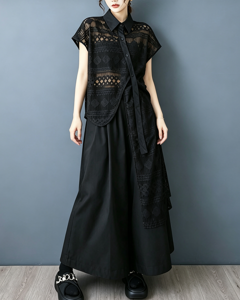 ellazhu Women's Asymmetric Lace Mesh Button Down Shirt Dress Artsy GX014 Black
