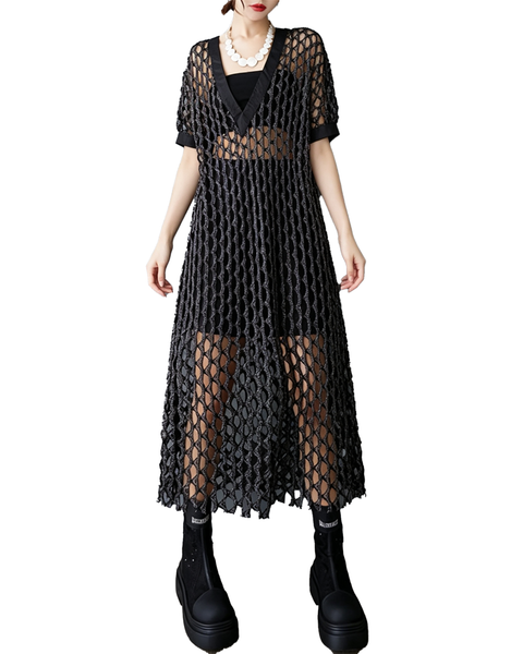 ellazhu Women's V Neck Fishnet Mesh Cover Up Dress Open Knit Tunic GX015 Black