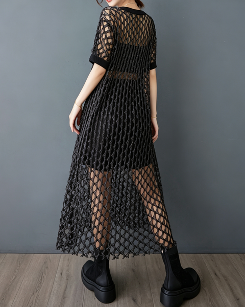 ellazhu Women's V Neck Fishnet Mesh Cover Up Dress Open Knit Tunic GX015 Black