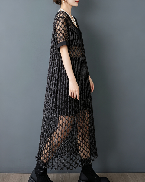 ellazhu Women's V Neck Fishnet Mesh Cover Up Dress Open Knit Tunic GX015 Black