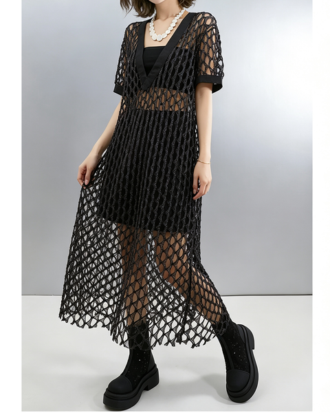 ellazhu Women's V Neck Fishnet Mesh Cover Up Dress Open Knit Tunic GX015 Black