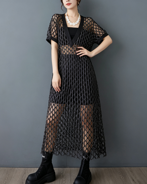 ellazhu Women's V Neck Fishnet Mesh Cover Up Dress Open Knit Tunic GX015 Black