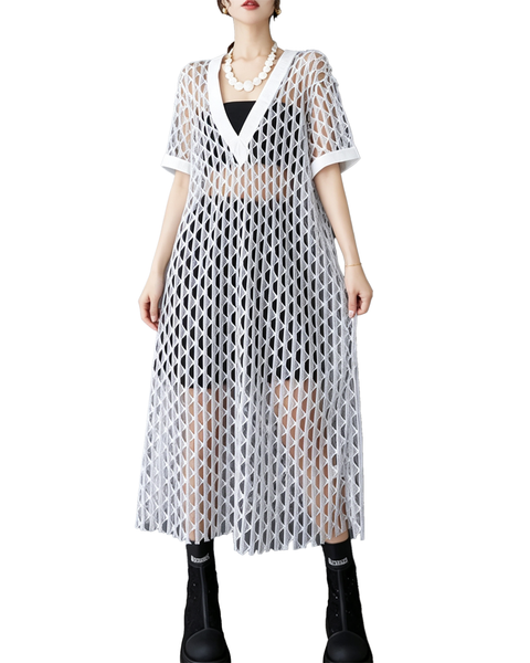 ellazhu Women's V Neck Fishnet Mesh Cover Up Dress Open Knit Tunic GX015 Black