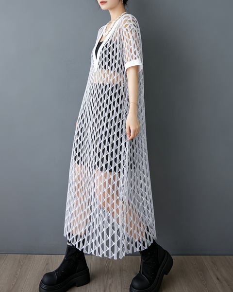 ellazhu Women's V Neck Fishnet Mesh Cover Up Dress Open Knit Tunic GX015 Black