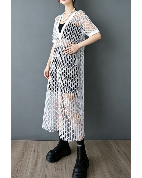 ellazhu Women's V Neck Fishnet Mesh Cover Up Dress Open Knit Tunic GX015 Black