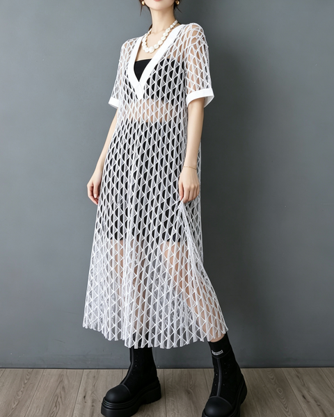 ellazhu Women's V Neck Fishnet Mesh Cover Up Dress Open Knit Tunic GX015 Black