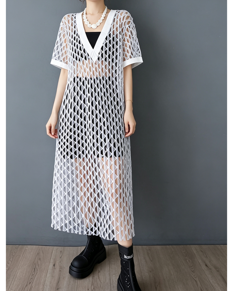 ellazhu Women's V Neck Fishnet Mesh Cover Up Dress Open Knit Tunic GX015 Black