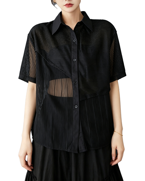 ellazhu Women's Sheer Mesh Button Down Short Sleeve Blouse Coverup GX016 Black