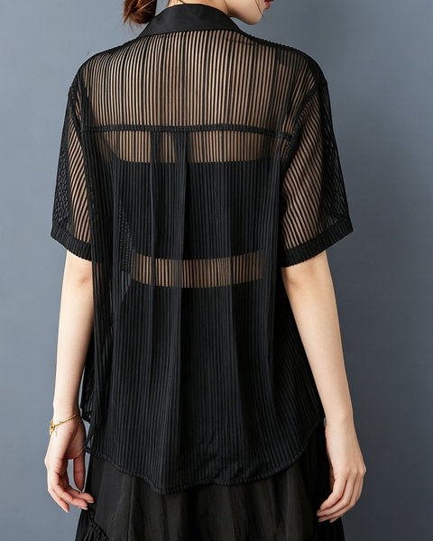 ellazhu Women's Sheer Mesh Button Down Short Sleeve Blouse Coverup GX016 Black
