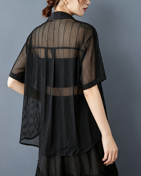 ellazhu Women's Sheer Mesh Button Down Short Sleeve Blouse Coverup GX016 Black