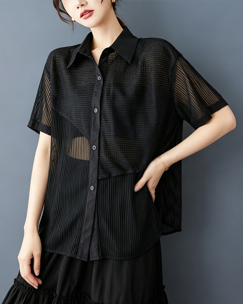 ellazhu Women's Sheer Mesh Button Down Short Sleeve Blouse Coverup GX016 Black